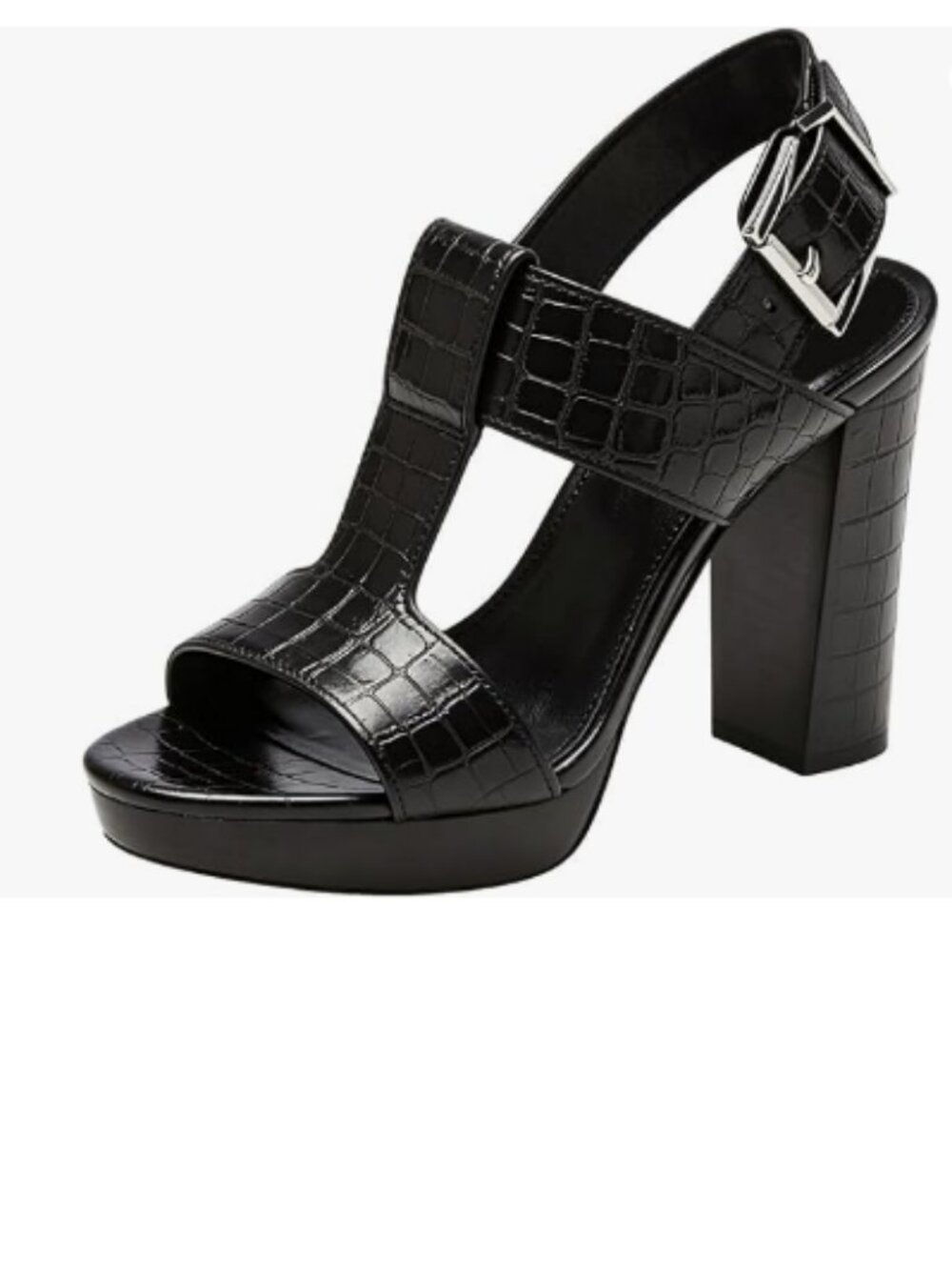 YDN Black Crocodile T-Strap Stacked Chunky High Heel Ankle Strap Platform Sandal
